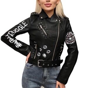DARE YOU Faux Leather Cropped Moto Jacket Silver Hardware Black, Sm…Goth…